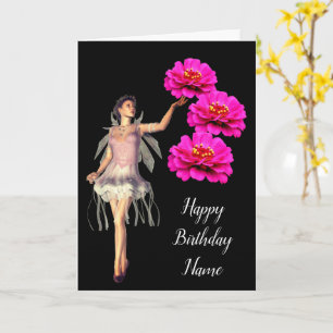 Fairy And Zinnia Flower Personalised Birthday Card