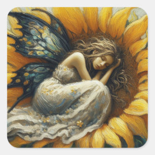 Fairy Asleep on a Sunflower Square Sticker