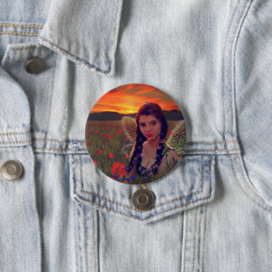 Fairy at Sunset in a field of poppies Fantasy Art 7.5 Cm Round Badge