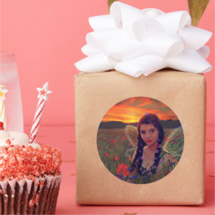 Fairy at Sunset in a field of poppies Fantasy Art Classic Round Sticker