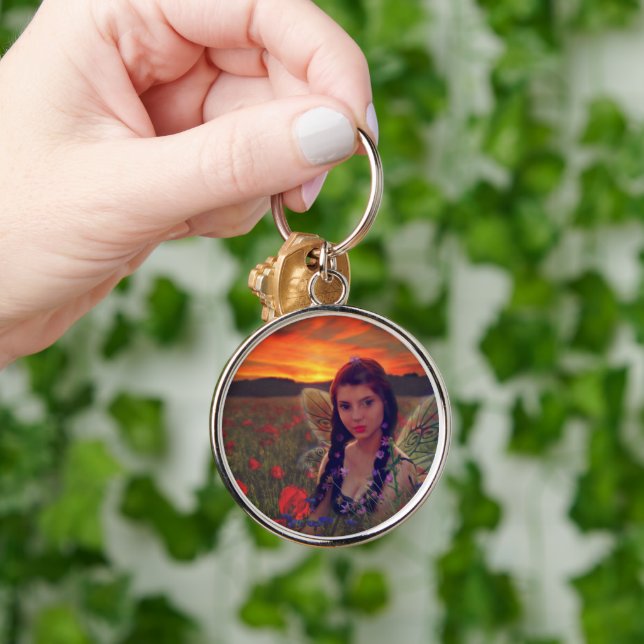 Fairy at Sunset in a field of poppies Fantasy Art Key Ring (Hand)