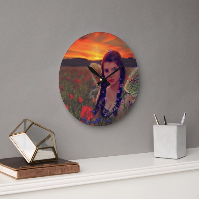 Fairy at Sunset in a field of poppies Fantasy Art Large Clock (Office)