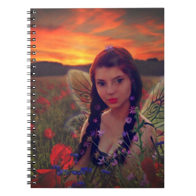 Fairy at Sunset in a field of poppies Fantasy Art Notebook (Front)
