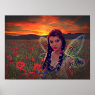 Fairy at Sunset in a field of poppies Fantasy Art Poster