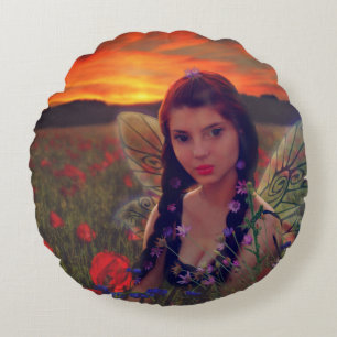 Fairy at Sunset in a field of poppies Fantasy Art Round Cushion