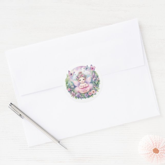 Fairy Baby & Butterfly Flutter Love Baby Shower Classic Round Sticker (Envelope)