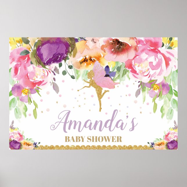 Fairy Baby Shower Backdrop Banner Floral Baby Girl Poster (Front)