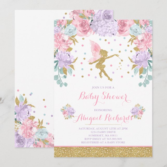 Fairy Baby Shower Invitation Floral Fairy Shower (Front/Back)