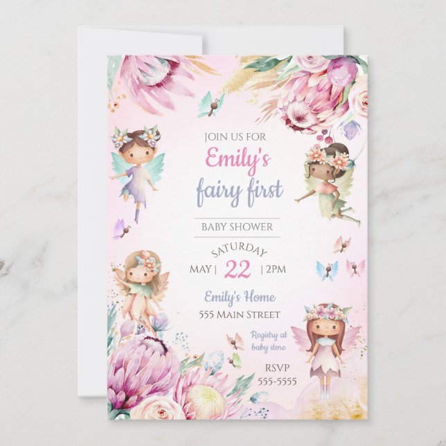 Fairy baby shower invitation pastel colours (Front)