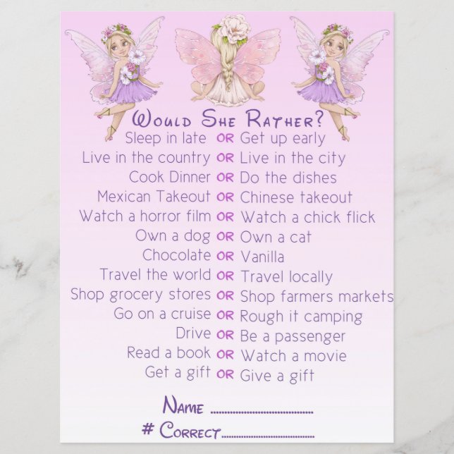 Fairy Baby Shower Pink Illustration Party Game (Front)