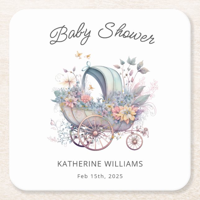 Fairy Baby Stroller Baby Shower Square Paper Coaster (Front)