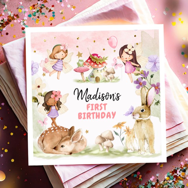 Fairy Birthday 1st Enchanted Forest Girl Floral Napkin (Creator Uploaded)