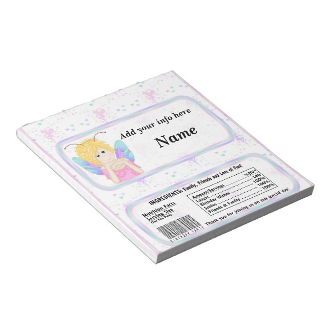 Fairy Birthday Candy Bar Wrapper Party Favours Notepad (Angled)