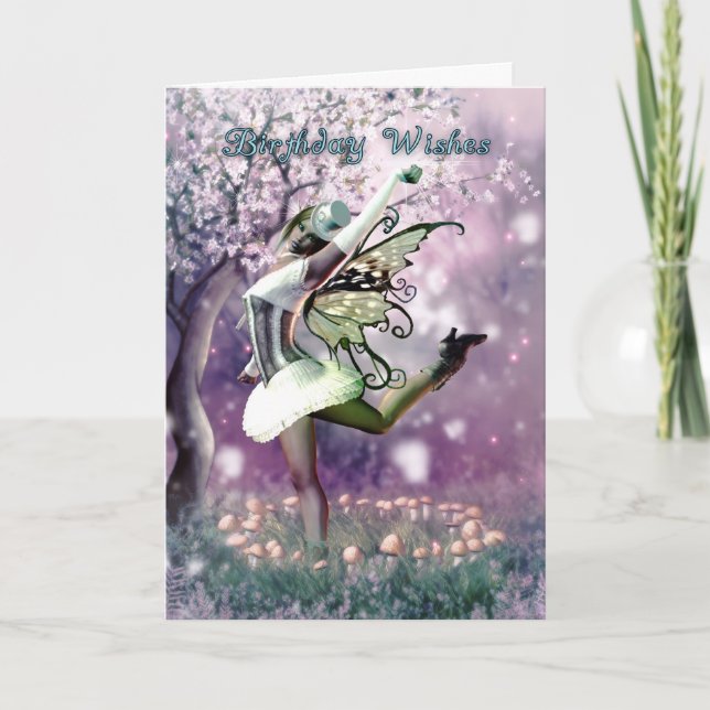 fairy birthday card , dancing fairy in mushrooms (Front)