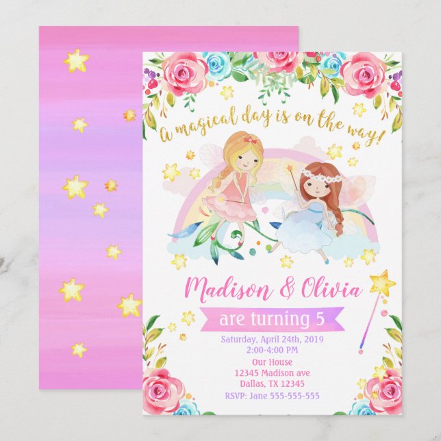 Fairy Birthday Invitation / Joint Twins Party (Front/Back)