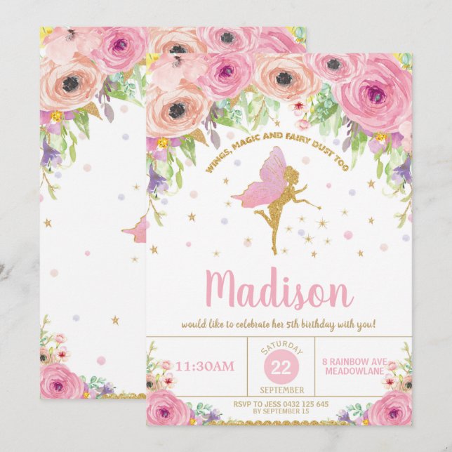 Fairy Birthday Invitation Pink Floral Fairy Party (Front/Back)