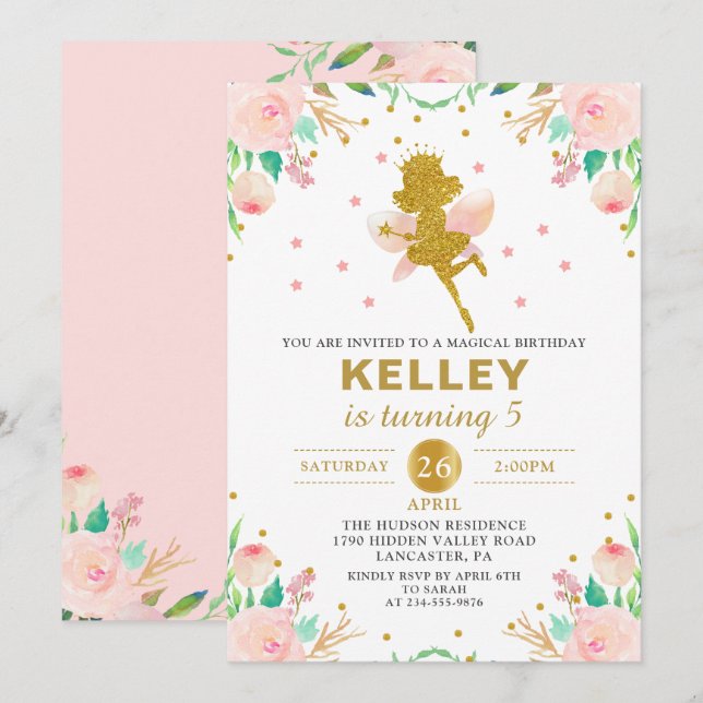 Fairy Birthday Invitation Pink Floral Girl Party (Front/Back)