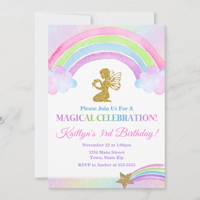 Fairy Birthday Invitation, Rainbow Fairy Girl Invitation (Front)