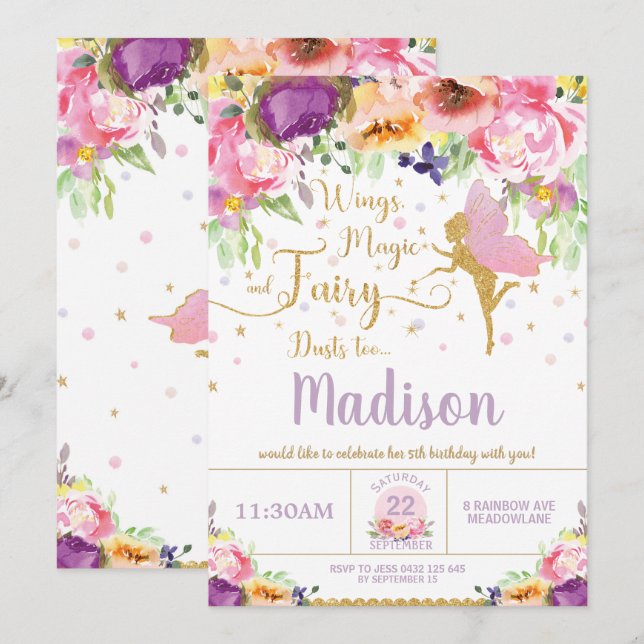 Fairy Birthday Invitations Purple Floral Whimsical (Front/Back)