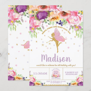 Fairy Birthday Invitations Purple Floral Whimsical