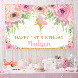 Fairy Birthday Party Pink Floral Welcome Backdrop Banner