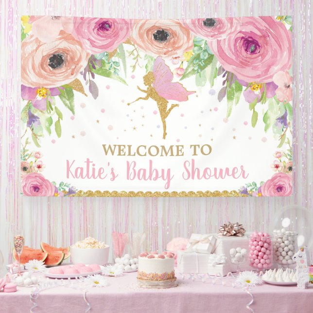 Fairy Birthday Party Pink Floral Welcome Backdrop  Banner (Party)