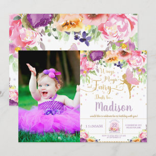 Fairy Birthday Party Purple Floral Whimsical Photo Invitation