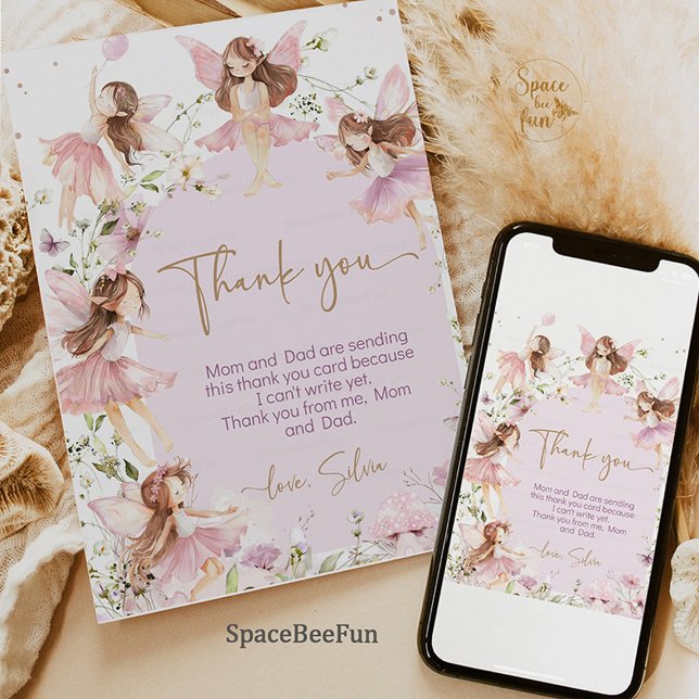 Fairy Birthday Party  Thank You Card (fairy birthday invitation,thank you cards,garden boho birthday invite, pink fairy birthday invite, e)