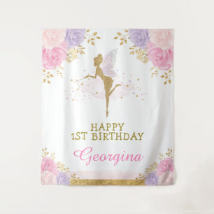 Fairy Birthday Pink Purple Floral Party Backdrop Tapestry