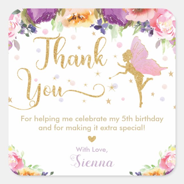 Fairy Birthday Pink Purple Floral Thank You Favour Square Sticker (Front)