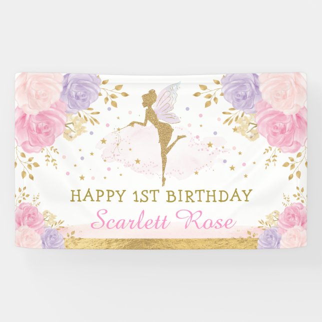 Fairy Birthday Pink Purple Gold Magical Party Banner (Horizontal)