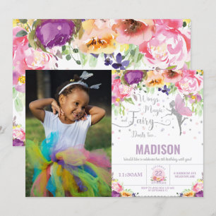 Fairy Birthday Purple Floral Silver Glitter Photo Invitation