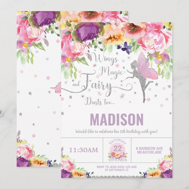 Fairy Birthday Purple Floral Silver Whimsical Invitation (Front/Back)