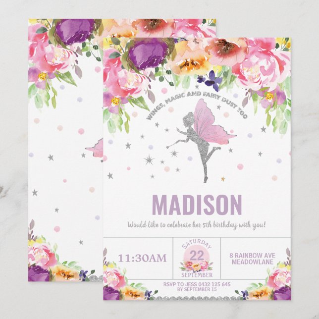 Fairy Birthday Purple Pink Floral Silver Glitter Invitation (Front/Back)