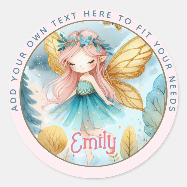 Fairy Birthday Teal Gold Pink Princess Fairytale Classic Round Sticker (Front)