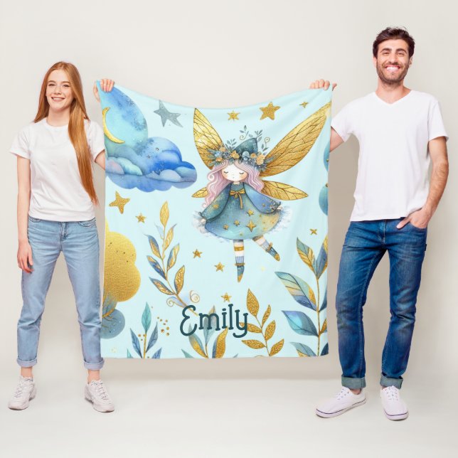 Fairy Birthday Teal Gold Pink Princess Fairytale Fleece Blanket (In Situ)