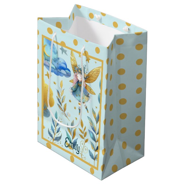 Fairy Birthday Teal Gold Pink Princess Fairytale Medium Gift Bag (Front Angled)