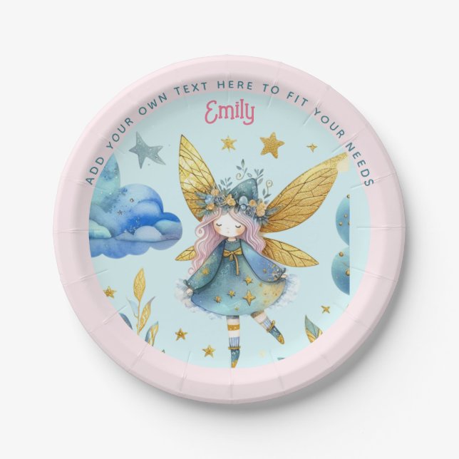 Fairy Birthday Teal Gold Pink Princess Fairytale Paper Plate (Front)