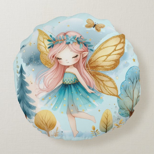 Fairy Birthday Teal Gold Pink Princess Fairytale Round Cushion (Back)