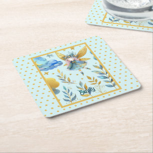 Fairy Birthday Teal Gold Pink Princess Fairytale Square Paper Coaster