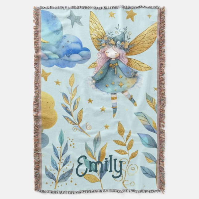Fairy Birthday Teal Gold Pink Princess Fairytale Throw Blanket (Front Vertical)