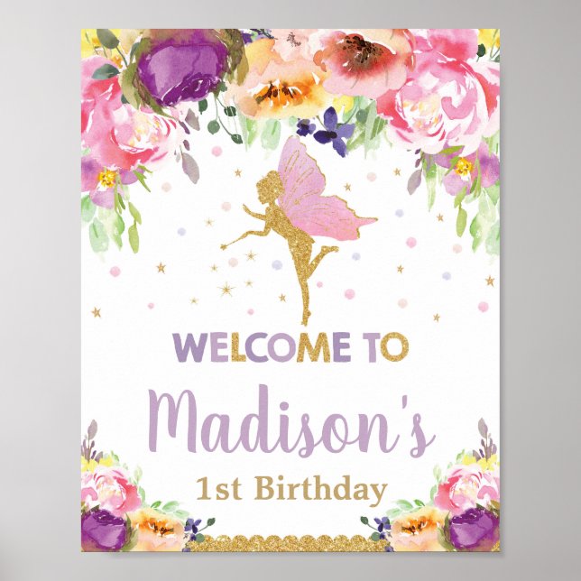 Fairy Birthday Welcome Sign Purple Floral Flowers (Front)