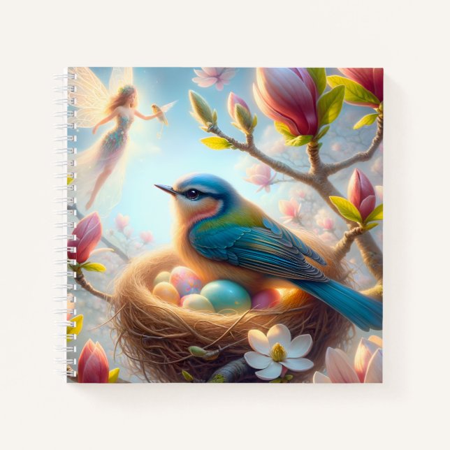 Fairy & Bluebird Nest – Spring Blossom Fantasy Notebook (Front)