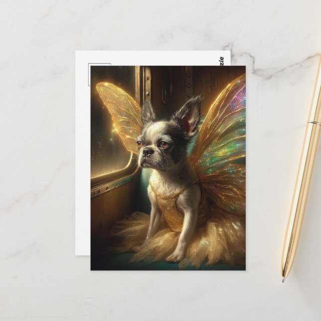 Fairy Boston Terrier on a Vintage Train Postcard (Front/Back In Situ)