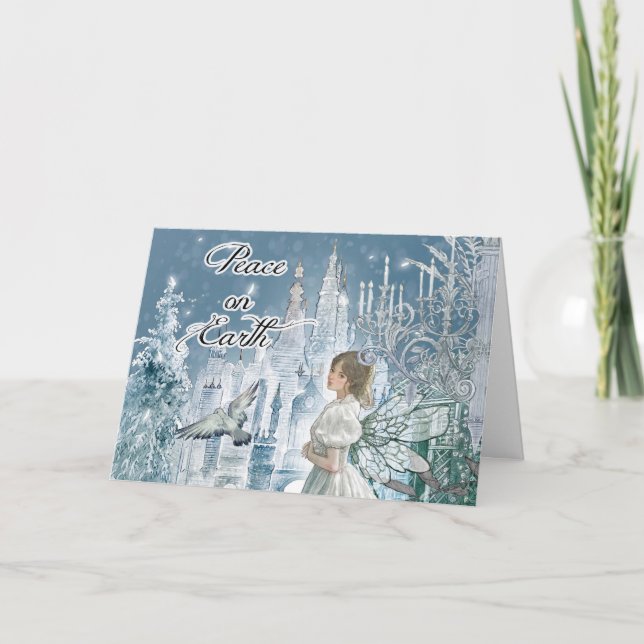 Fairy, Castle, Dove Peace on Earth Christmas Holiday Card (Front)
