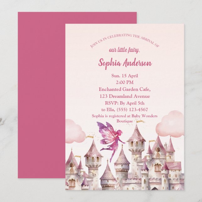 Fairy Castle Girl Baby Shower Invitation Card (Front/Back)
