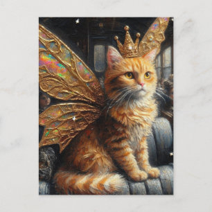 Fairy Cat Sits in a Vintage Train Postcard