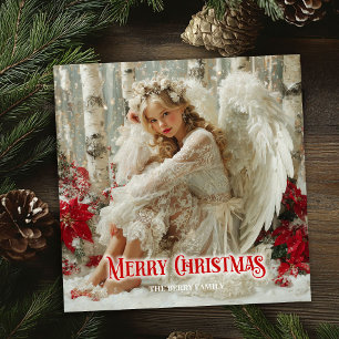 Fairy Christmas angel red poinsettias elegant card