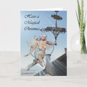 Fairy christmas scene, fairy holding weather vane holiday card