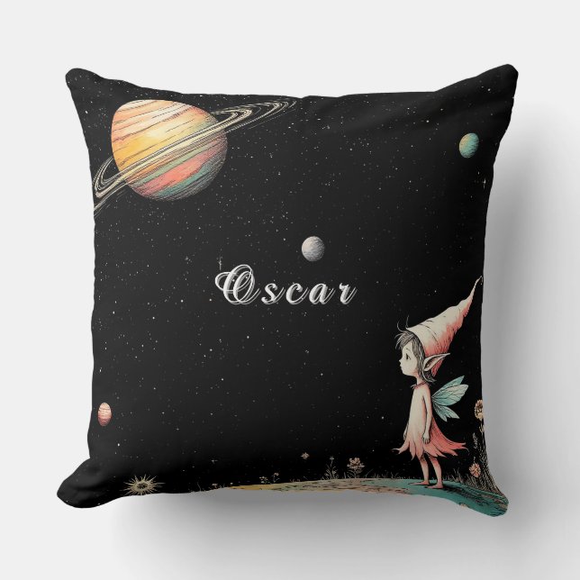 Fairy Contemplating Space with Planets Cushion (Front)